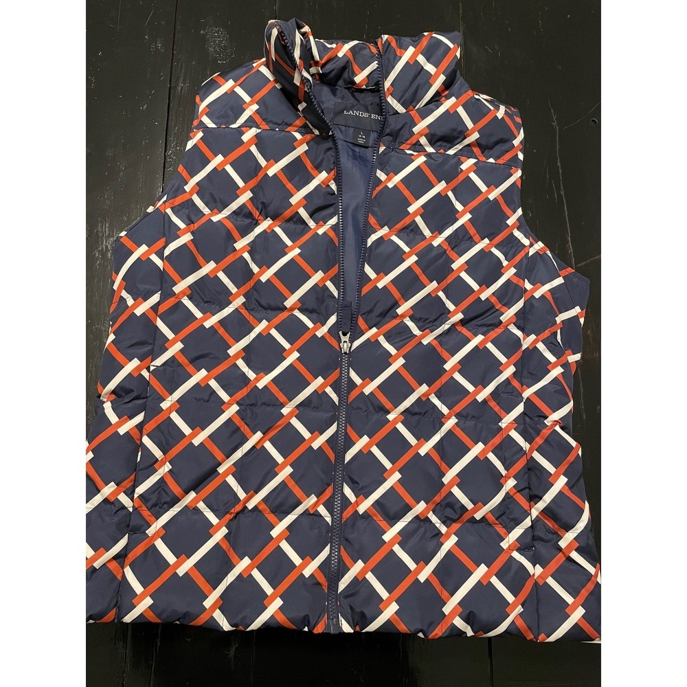 Lands End Puffer Vest Women's L 14-16 Navy Orange White Geometric Insulated